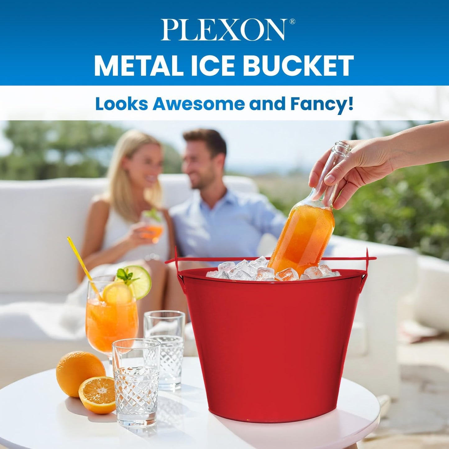PLEXON Galvanized Metal Ice Bucket for Parties Coctail Bar Restaurant - Drink Beer Champagne Bucket with Handle, Beverage Chiller Cooler Small 1.3 Gallon, Red, Set of 2