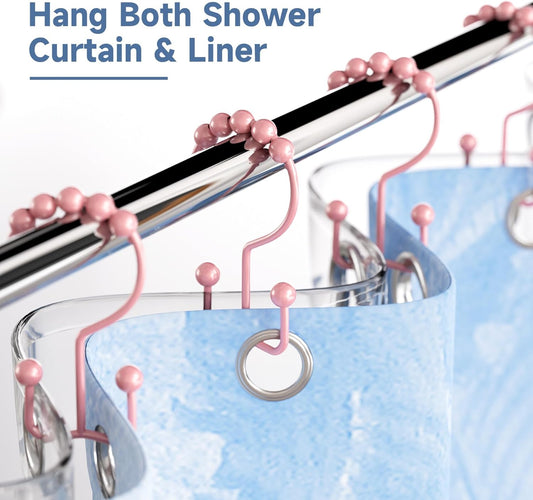 Titanker Shower Curtain Hooks Rings, Rust-Resistant Metal Double Glide Shower Hooks for Bathroom Shower Rods Curtains, Set of 12 Hooks - Light Pink