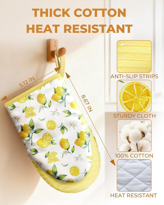 Slohif Lemon Mini Oven Mitts Set – Yellow Extended Short Heat Resistant Kitchen Gloves for Women, 100% Cotton Oven Mitts with Silicone Grips, Non-Slip and Thick Durable for Cooking & Baking