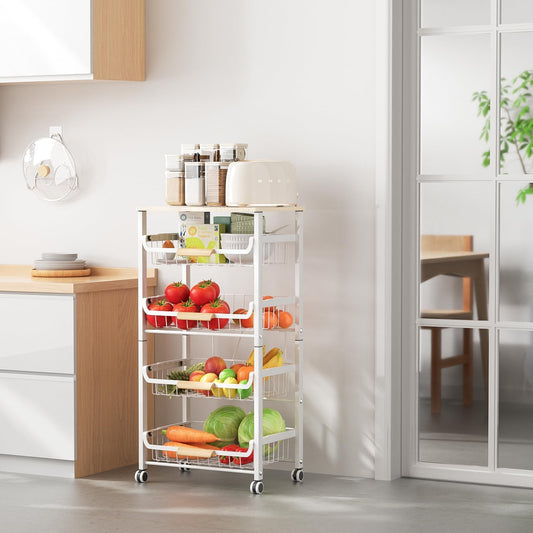 JAQ Fruit Basket for Kitchen, 5-Tier Slide Out Storage Baskets Carts Organizers Drawers with Wood Top Table with Rolling Wheels for Snacks Vegetables Vianderos Para Cocina Modernos (White, 5 Layer)