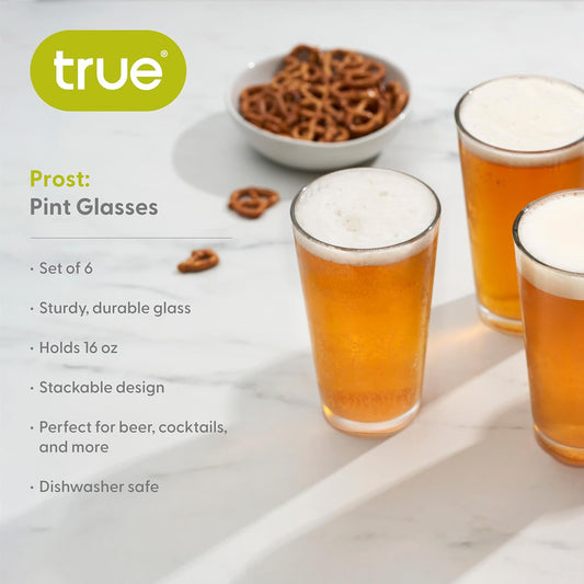 TRUE Stackable Beer Glasses, Pint Glasses for Beers, Water, Iced Coffee, Cocktails, Game Night, Beer Gifts for Men, BBQ Outdoor Party, Home Bar Accessories, Kitchen Glassware, 16 oz, Set of 6