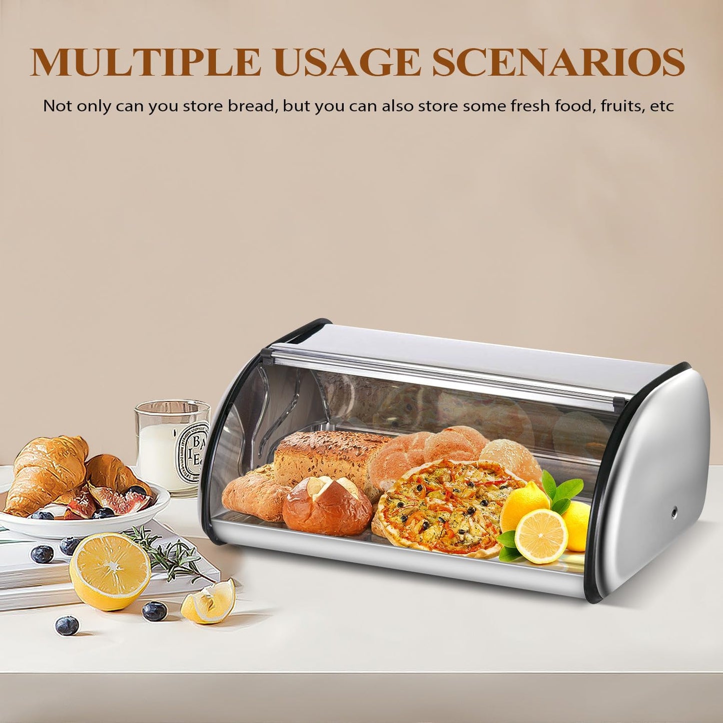 ENLOY Bread Box for Kitchen Counter, Stainless Steel Roll Top Bread Bin, Sliver Bread Storage Holder with Lid, Large Capacity Bread Keeper, 17 x 11 x 7 Inches