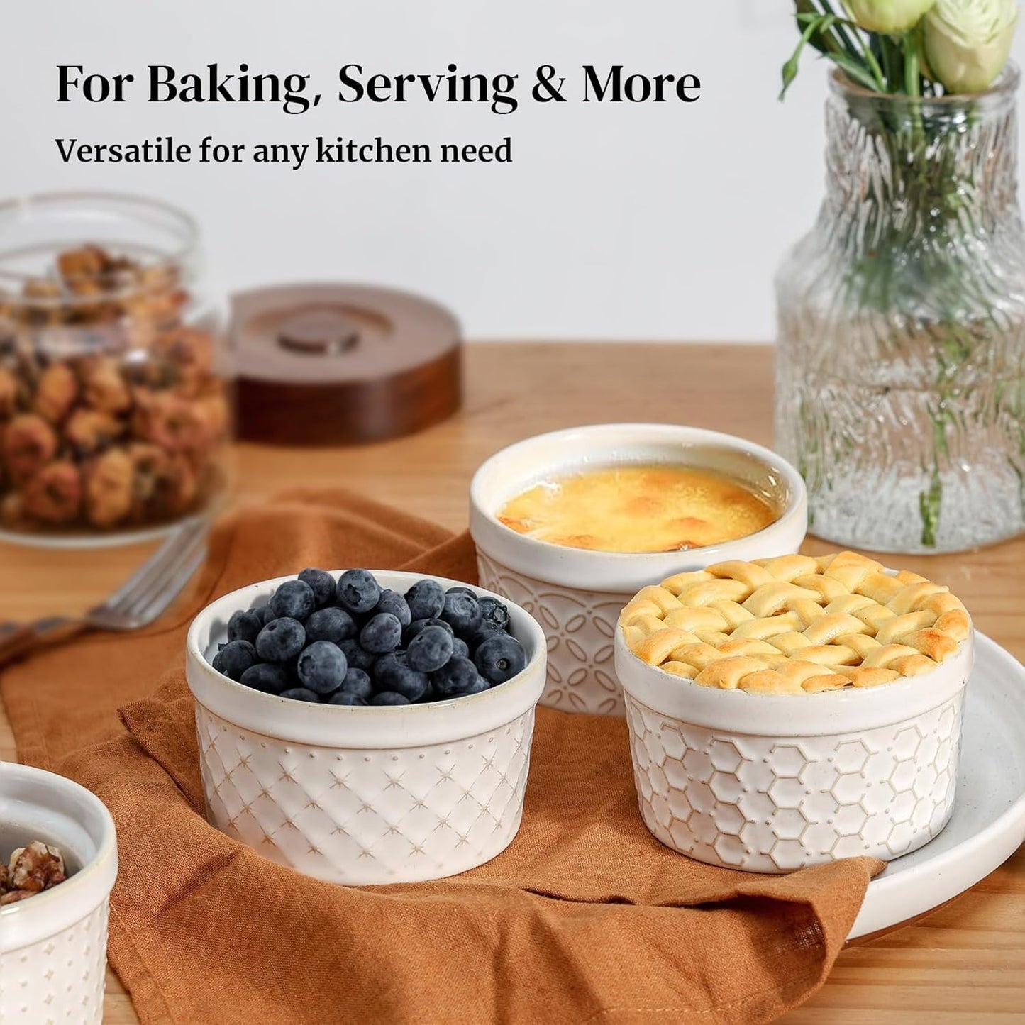 DOWAN Ramekins Oven Safe with Lids 8 oz, Charcuterie Boards Bowls Set for Creme Brulee, Souffle, Dipping Sauces, Custard Cups Ceramic Food Storage Containers, Set of 6, Beige