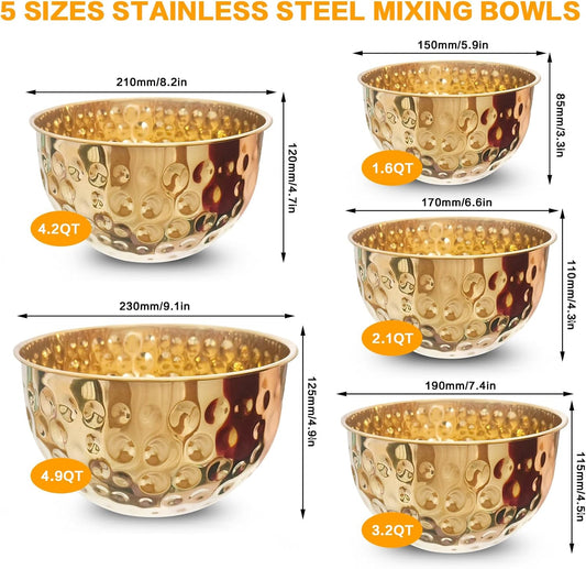 5-Piece Stainless Steel Mixing Bowls Set, Metal Hammered Gold Bowls for Kitchen, Cooking, Baking, Salad Prep, Food Storage, Reusable Nesting Design, 1.6-4.9 QT Capacity, Dishwasher Safe