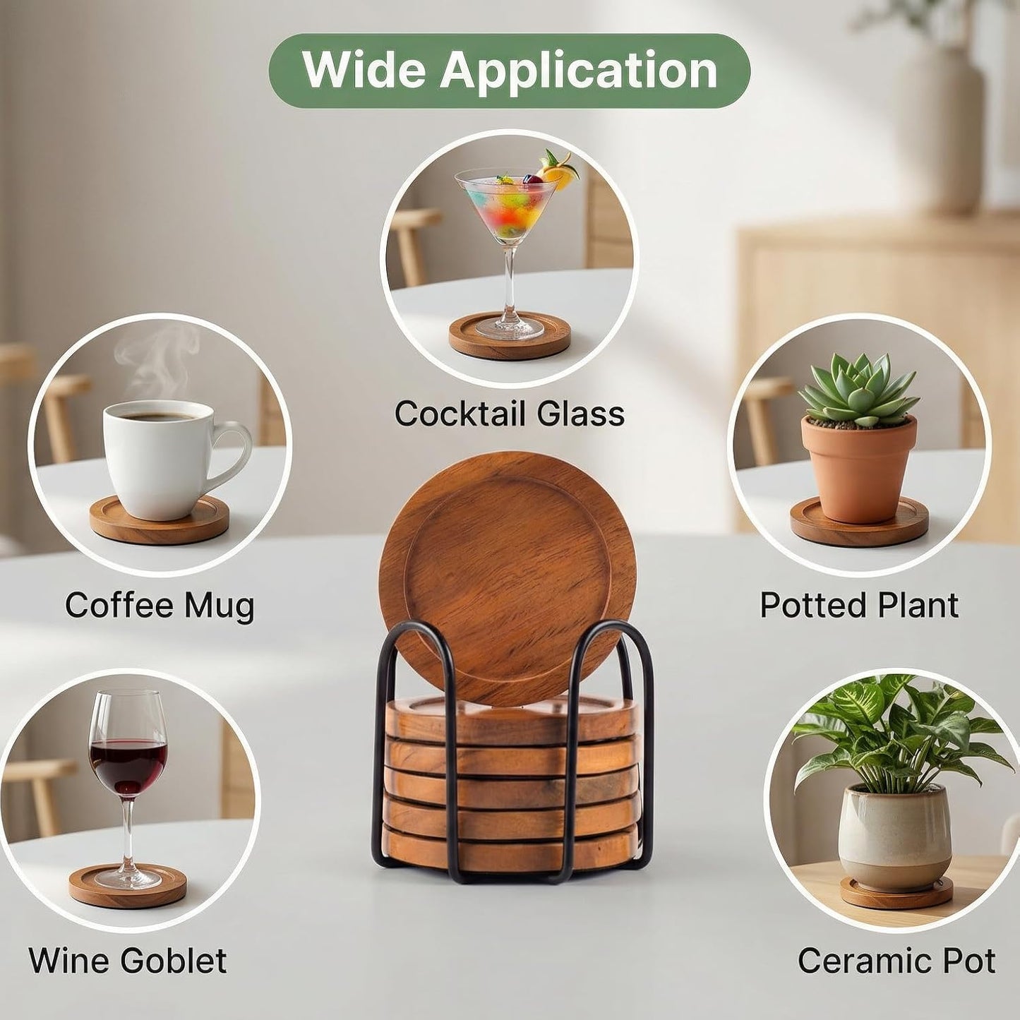 Wooden Coasters Set of 6 with Metal Holder – Round Natural Wood Drink Coasters for Hot & Cold Beverages – Non-Slip & Reusable Coasters for Coffee Table, Home, Office & Bar