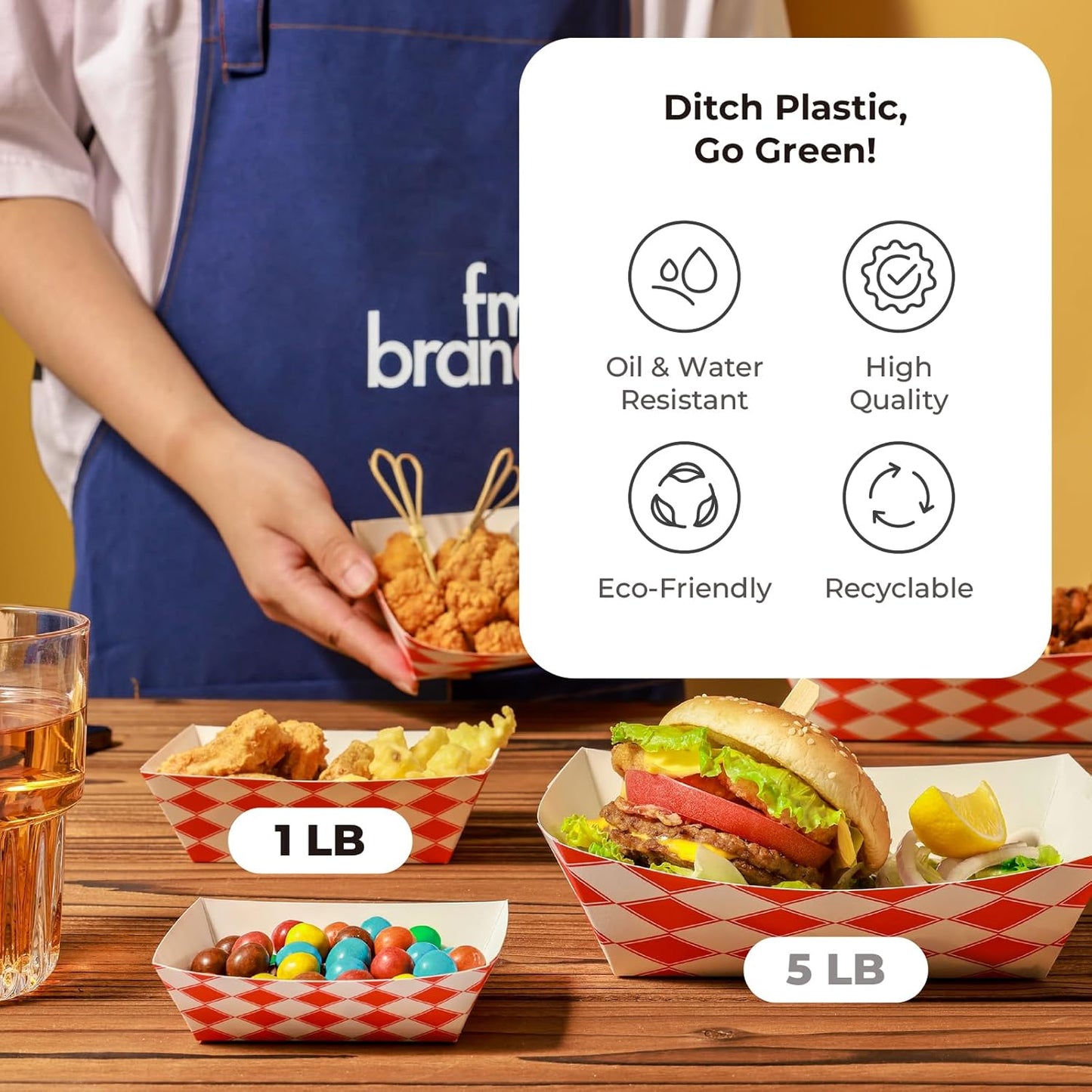 Fit Meal Prep [250 Pack 1 lb Paper Food Boats Heavy Duty Disposable Food Trays, Red Check Nacho Tray for Parties Fairs Picnics Carnivals, Holds Sause Candies Nut Grease Resistant