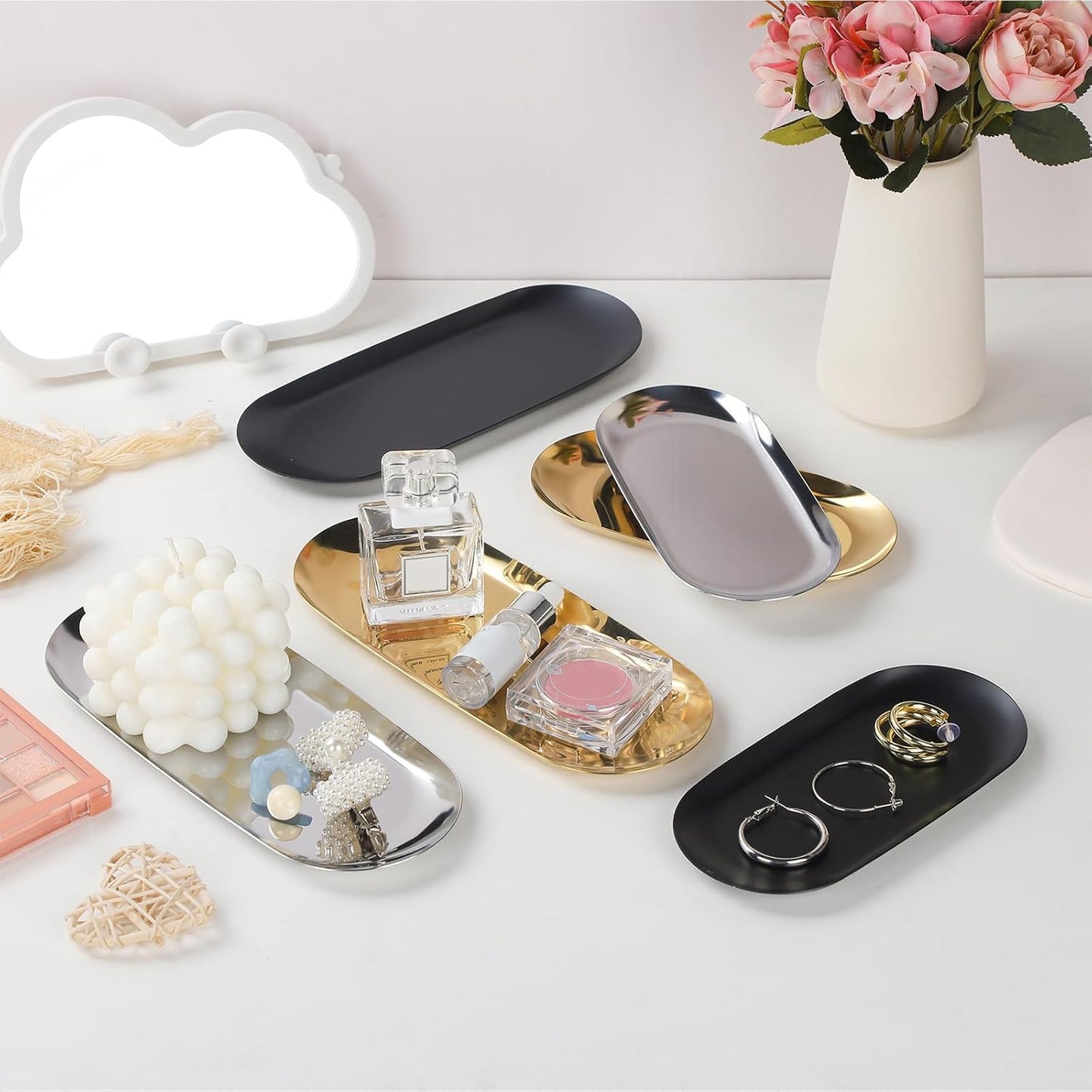 IBWell 2 pcs Silver Decorative Serving Tray for Bathroom, Small Jewelry Tray, Long Tray, Silver Jewelry Tray, Jewelry Bowl Dish Decorative Bathroom Tray – 8.9”