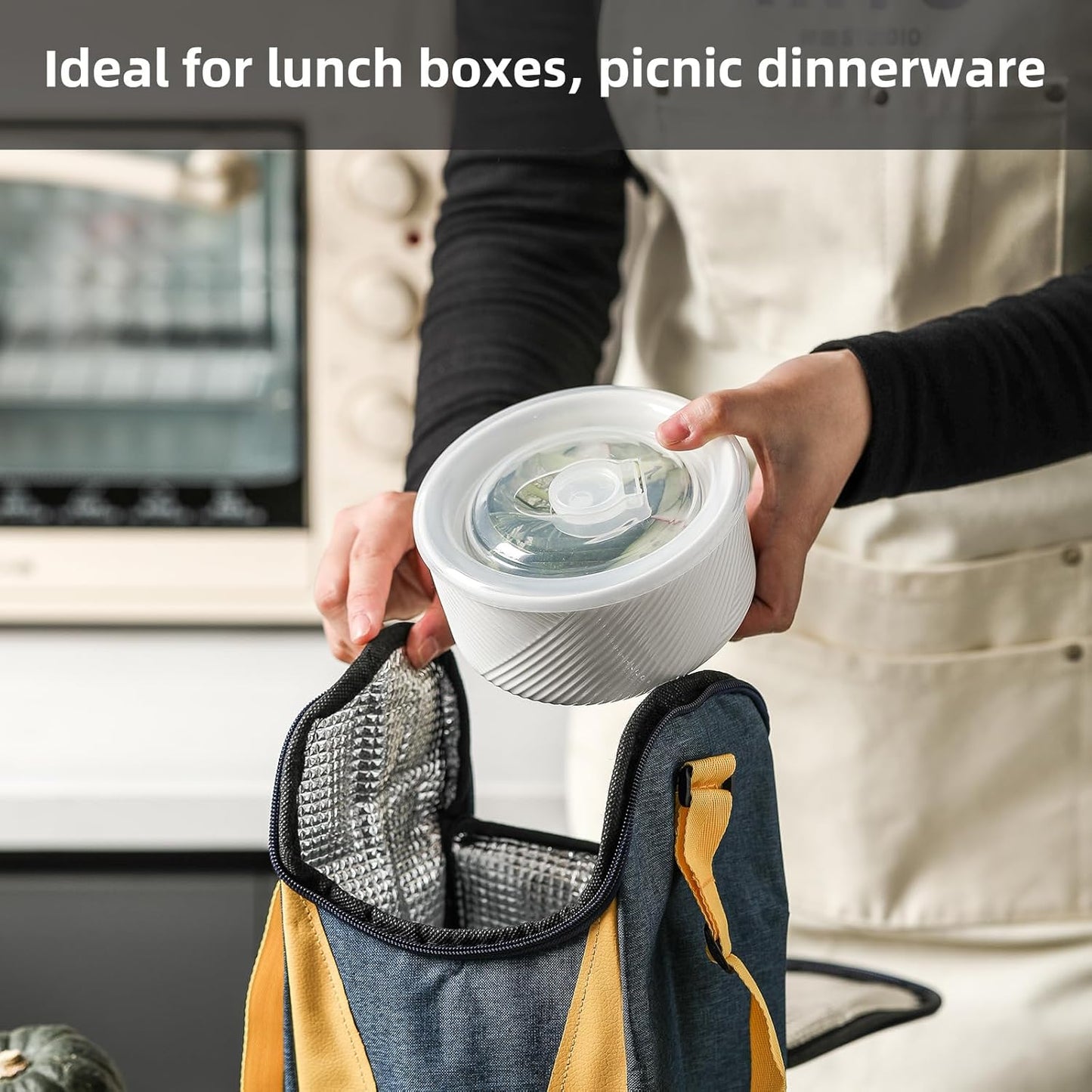 Ceramic Nesting Bowls with Lid: Microwave Safe Food Storage Containers for Work Lunch Picnic Camping Meal Prep Soup Salad Cereal Leftovers - 5 & 6 Inch, 20 & 32 oz, Set of 2, White