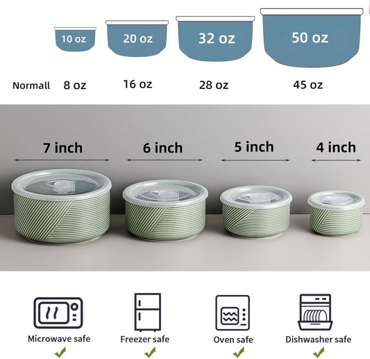 Ceramic Nesting Bowls with Lids: Mixing Bowls with Lids - Porcelain Food Storage Containers For Prep and Serving, Microwavable Kitchen Bowl Set of 4, 50/32/20/10 oz (Green)