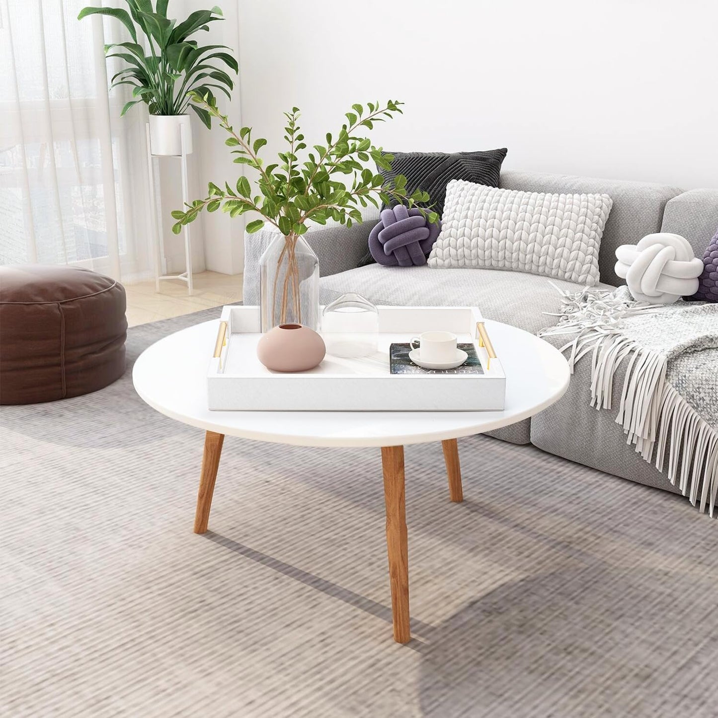 White Decorative Tray for Coffee Table, Modern Large Ottoman Tray for Living Room,Drink Coffee Serving Tray