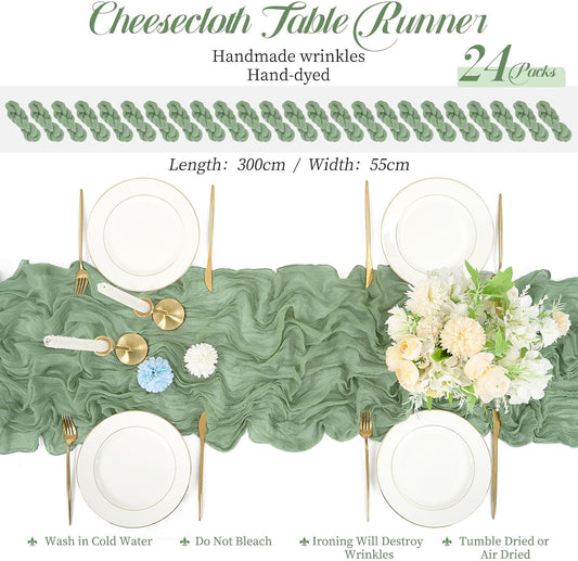 24 Packs Cheesecloth Table Runner Sage Green,10 Ft Sage Green Table Runner for Wedding, Rustic Gauze Boho Decoration for Wedding Party Bridal Shower,21.5x120in