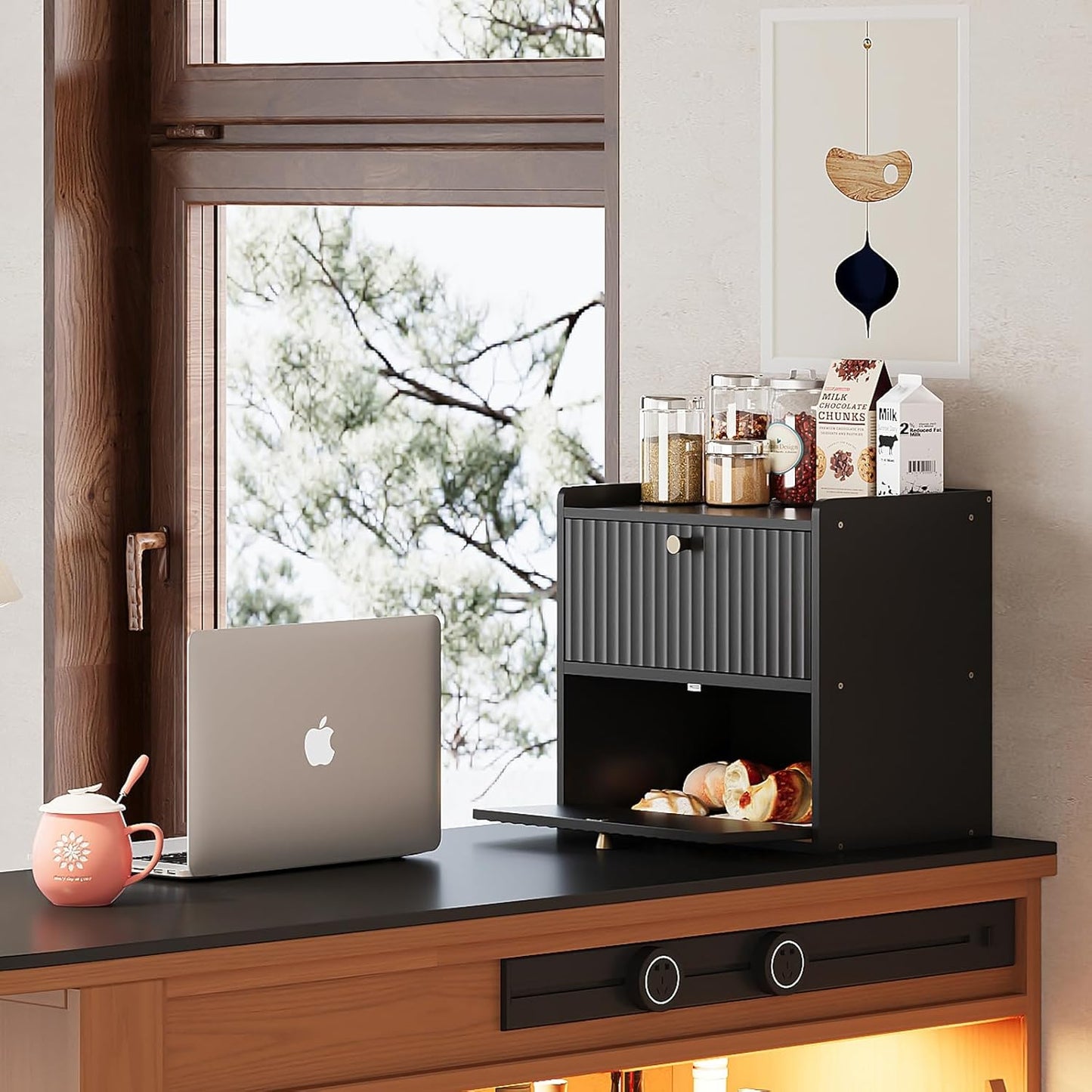 Rustic Bread Box for Kitchen Countertop Bamboo Bread Storage Container Bin Double Layer BreadBox Farmhouse Large Capacity Food Organizer Black