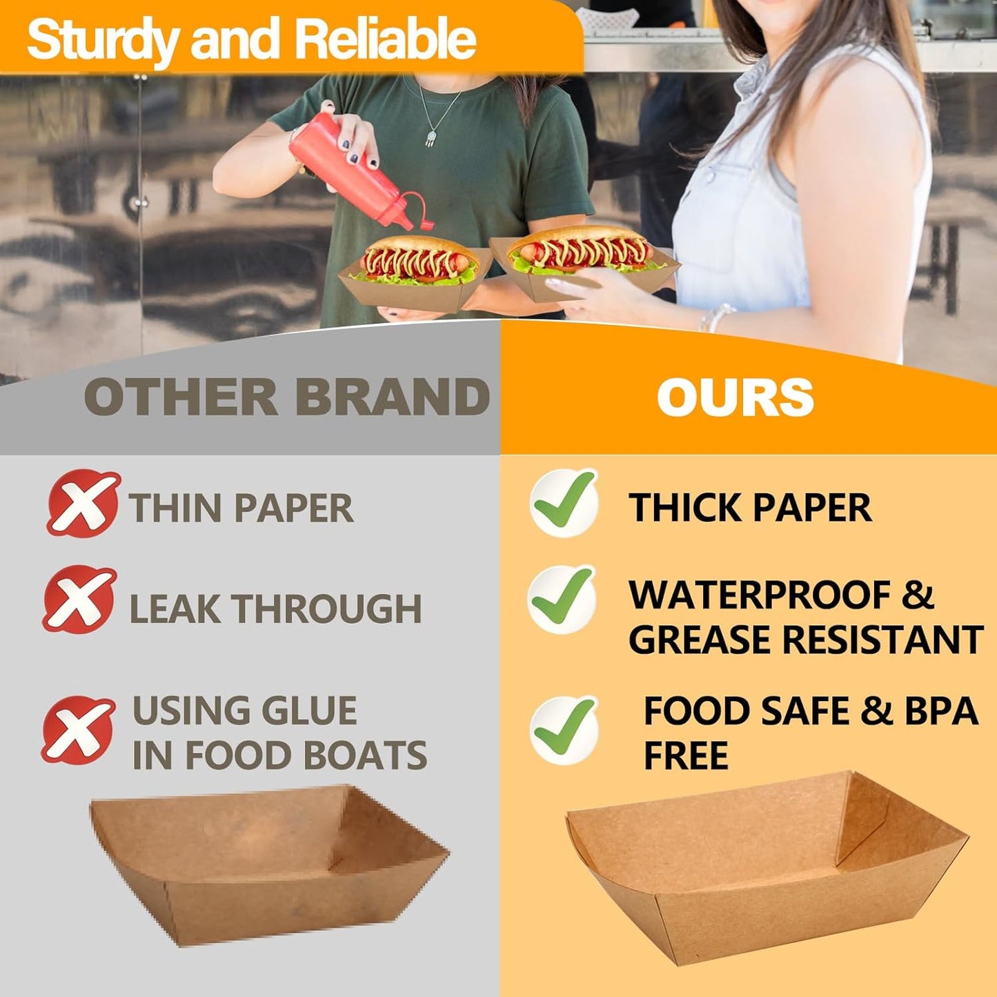 200 Pack 2lb Kraft Paper Food Boats, Disposable Paper Trays Boats for Serving Snack Nachos French Fries Tacos Hot Dog BBQ Popcorn Festivals Party Picnic Wedding