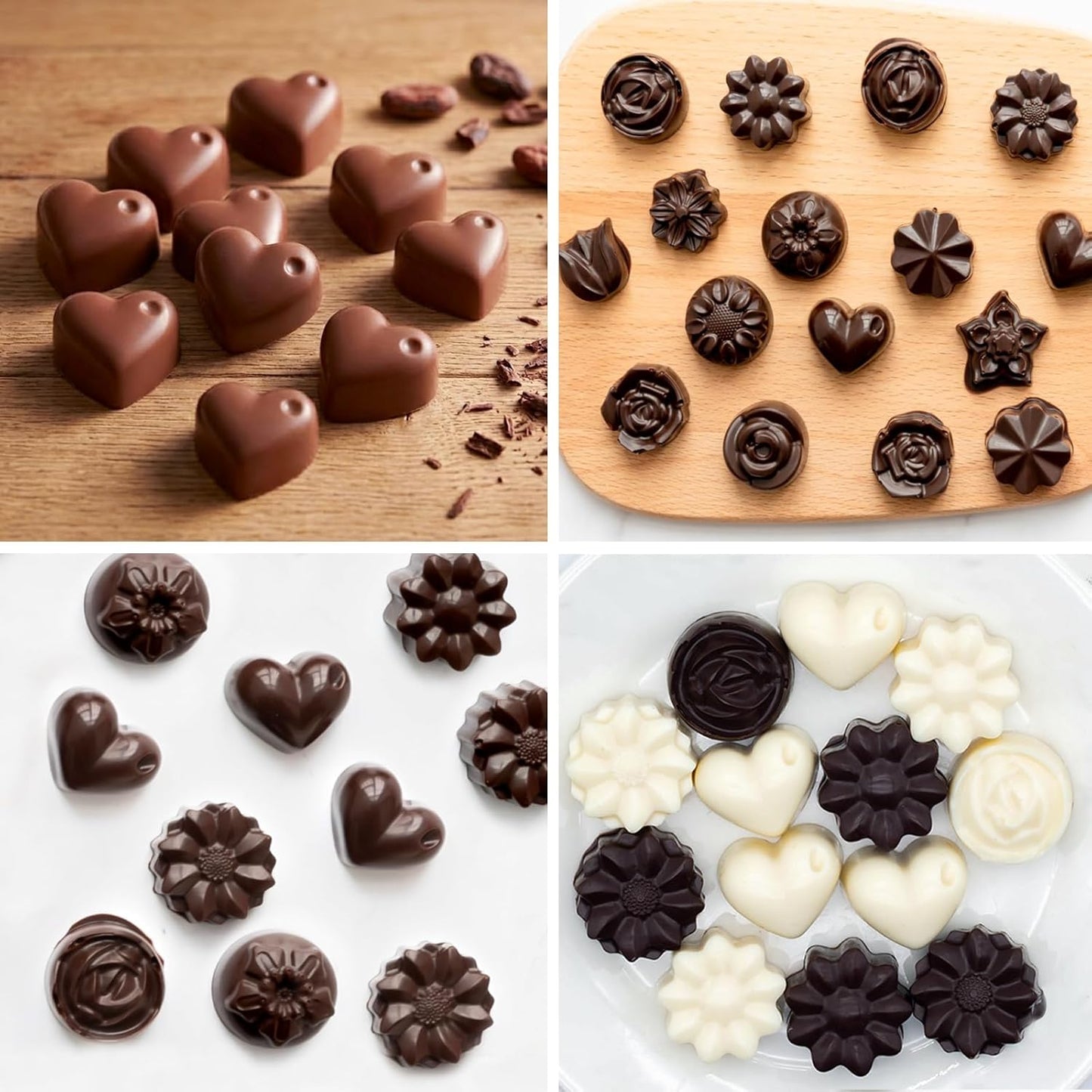 6 Pack Flower Shape Chocolate Candy Molds Silicone, Food-Grade Non-Stick Jello & Baking Molds, Crayon Molds, BPA-Free, Including Heart, Rose, Tulip, Daisy, Sunflower, and Other Flowers (Brown)