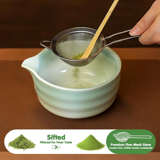 Matcha Whisk Set, 7 Pcs Ceramic Matcha Whisk Kit, Bowl with Spout, Holder, Stainless Sifter, Bamboo Scoop and Tea Towel, Gift Set for Tea Lovers