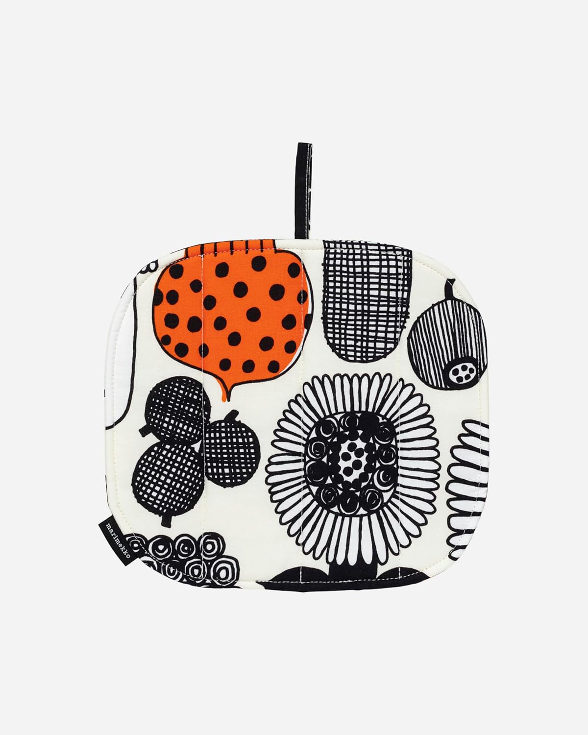 MARIMEKKO Puutarhurin Parhaat Kettle Holder with Hanging Loop – Refine Your Kitchen Décor with Our White, Orange & Black Pot Holders – Ideal Table Linens for Kitchen & Oven (8" L x 8" W)