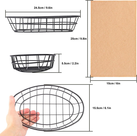 10 Pack Oval Wire Bread Basket, 9.65 x 6.1 x 2.17 Inch Metal Fast Food Baskets with 50 Sheets Deli Wrappers Paper, Metal Dinner Roll Baskets for Home & Kitchen, Serving and Storage(Black)