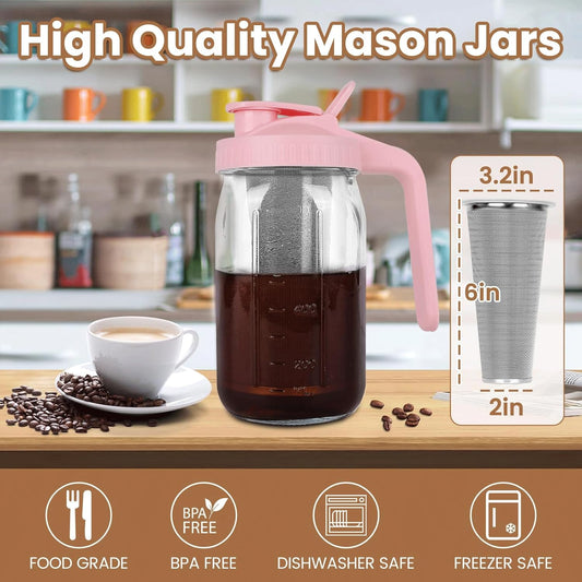 Cold Brew Coffee Maker,32 oz Mason Jar Pitcher with Stainless Steel Filter, Pour Spout Handle Lid, Heavy Duty Glass Airtight & Leak-Proof for Iced Coffee Tea Breastmilk Lemonade-Pink