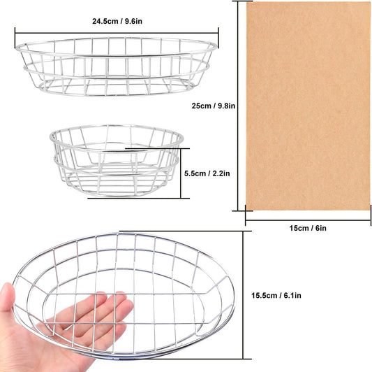 12 Pack Oval Wire Bread Basket, 9.65 x 6.1 x 2.17 Inch Metal Fast Food Baskets with 50 Sheets Deli Wrappers Paper, Metal Dinner Roll Baskets for Home & Kitchen, Serving and Storage(Silvery)