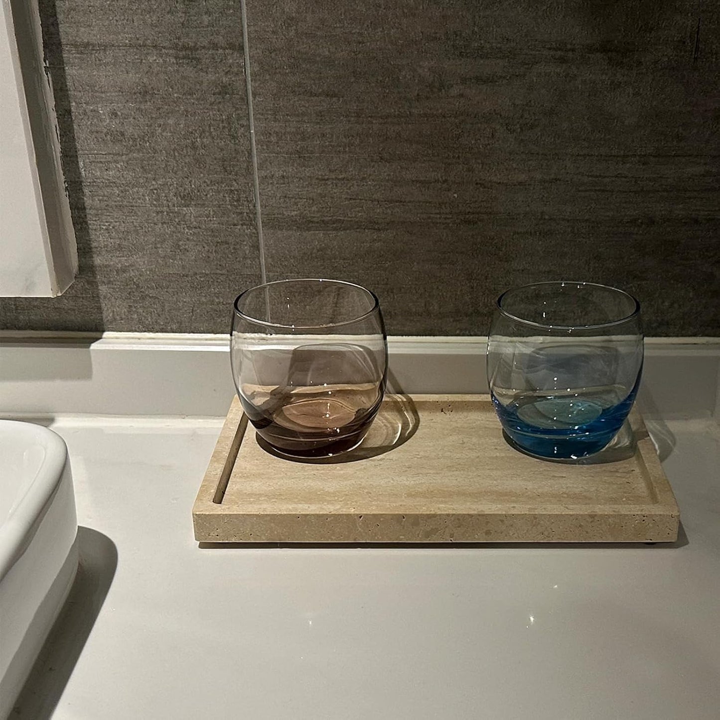 Natural Travertine Stone Perfume Tray, 9.8"x5.9" Marble Vanity Tray for Bathroom/Kitchen/Coffee Table