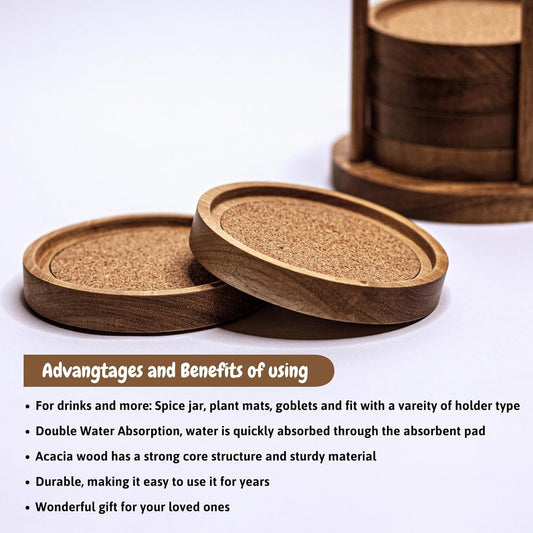 Wood Coasters for Drinks with Wooden Holder, Wooden Coaster with Cork for Tabletop Protection, Drink Coasters for Coffee Table, Desk, 4.13 Inch, Set of 6 (Rustic Coasters with Wooden Holder)
