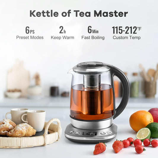 Mecity Electric Tea Kettle Borosilicate Glass Tea Maker With Temperature Control and Infuser - LCD Display and Preset Brewing Programs - 1.7 Liter Water Boiler
