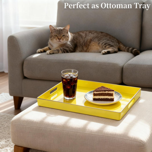 Zosenley Decorative Plastic Serving Tray with Handles, Modern Vanity Organizer for Bathroom, Kitchen, Ottoman and Coffee Table (Yellow, Rectangular)