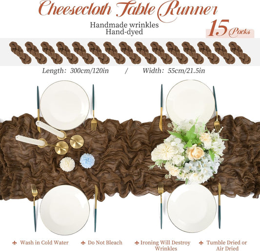 15 Packs Cheesecloth Table Runner Brown,10 Ft Rustic Gauze Boho Wedding Table Runner Decoration, Wedding Table Decor Table Cloth for Wedding Party Bridal Shower Table,21.5x120in