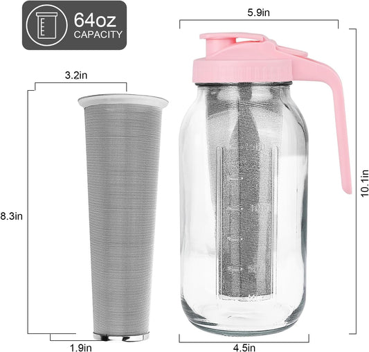 Cold Brew Coffee Maker,64 oz Wide Mouth Mason Jar Pitcher with Stainless Steel Filter, Pour Spout Handle Lid, Heavy Duty Glass Airtight & Leak-Proof for Iced Coffee & Tea Lemonade-Pink