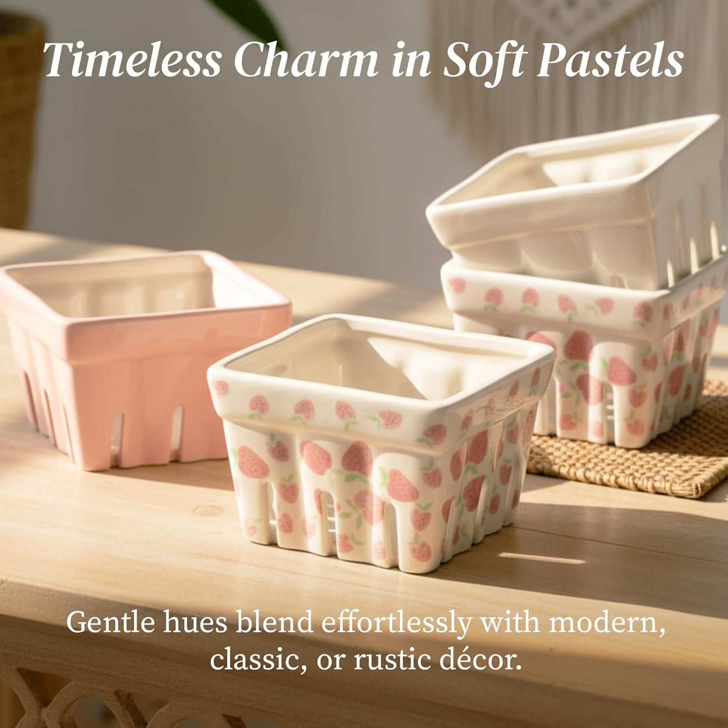 Ceramic Berry Basket, Farmhouse Colander, Strawberry Decor, Fruit Bowls, Fruit Baskets, Kawaii Strawberry Kitchen bowl, Pink White and Cute Strawberry pattern Stoneware Harvest Square Bowls Set of 4