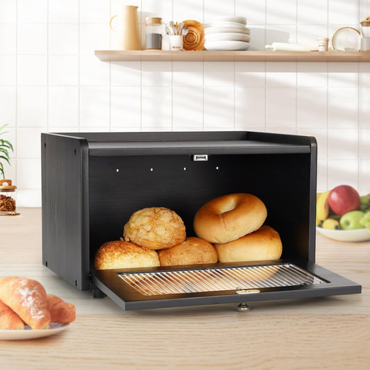 Sunhoo Bread Box for Kitchen Countertop Storage Wooden Breadbox Holder Container Morden Rustic Fresh Bread Keeper Farmhouse Stackable Organizer Bin for Homemade Food Shelf Acrylic Window (Black)