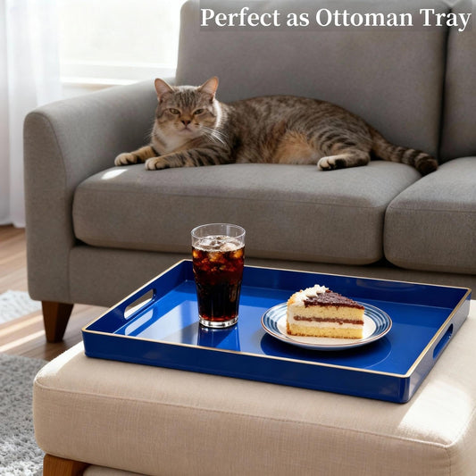 Zosenley Decorative Tray, Rectangular Plastic Tray with Handles, Modern Vanity Tray and Serving Tray for Bathroom, Kitchen, Ottoman and Coffee Table, 15.6” x 10.2” (Drak Blue)