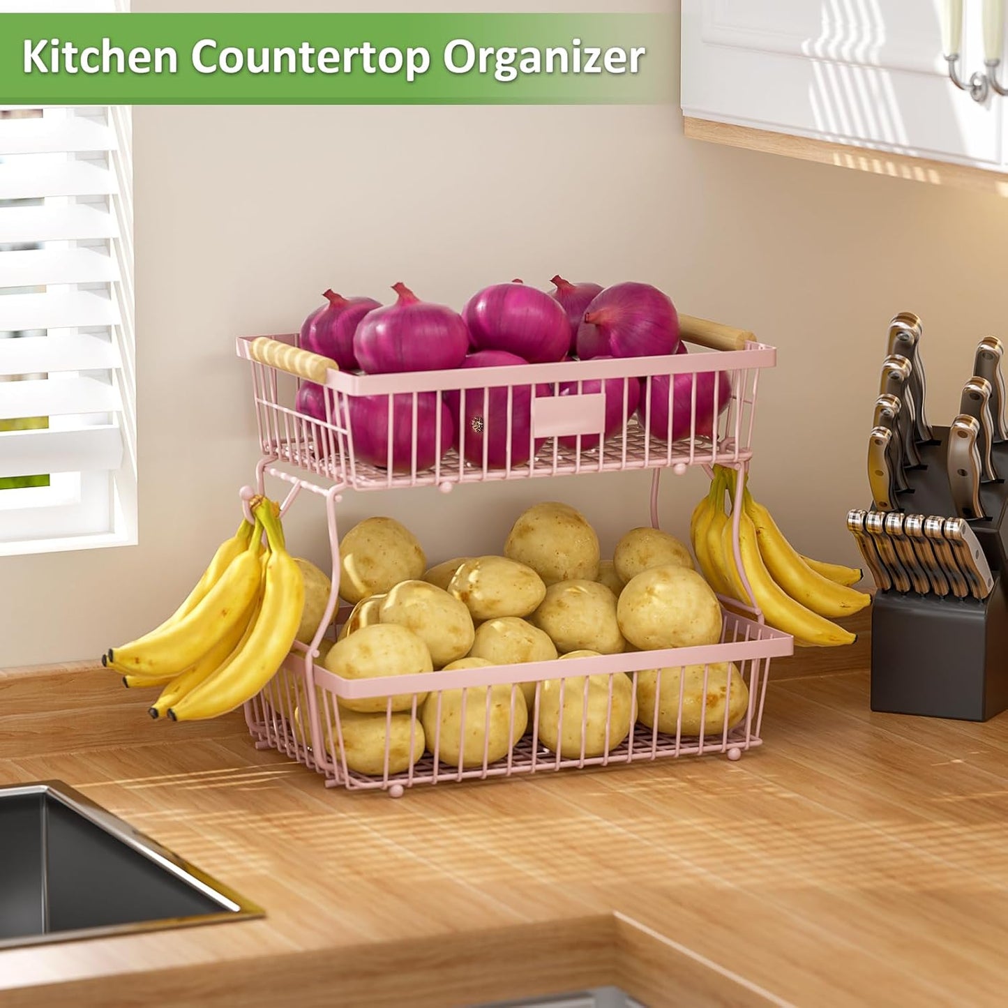 2 Tier Fruit Basket for Kitchen Counter with 2 Banana Hangers, Countertop Metal Fruit Bowl with Wooden Handle, Large Storage Stand for Vegetables, Snacks, Breads, Produce Storage – Pink