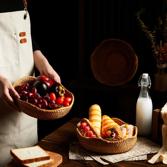 1.3 Pcs 10.2" Rattan Bread Baskets Wicker Fruit Food Storage Bowls Round Scalloped Natural Woven Decorative Serving Basket Tray for Kitchen Entryway Tabletop Counter Organizing