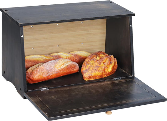 HOMEKOKO Large Wood Bread Box for Kitchen Counter, Retro Design Single Layer Bamboo Large Capacity Food Storage Bin (Vintage Black)
