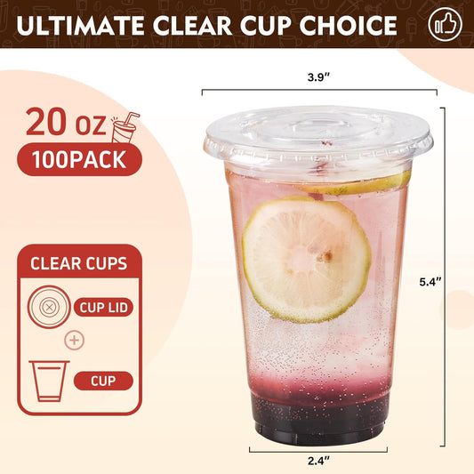 YEEHAW 20 oz. - 100 Pack Clear Plastic Cups With Lids, Disposable Iced Coffee Cups with Flat Lids, Crystal Smoothie Cup for Party, Lemonade Stand, Cold Drinks, Juice, Milkshake