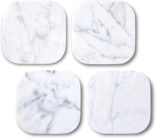๐๐ฎ๐ฑ๐ฎ๐ซ๐ฒ ๐๐ญ๐๐ฅ๐ข๐๐ง 100% Marble Tile Coasters โ Set of 4 โ Square Modern Bar Coasters for Drinks, Coffee โStone Holder for Home Dรฉcor, Housewarming Gifts (Carrara White)