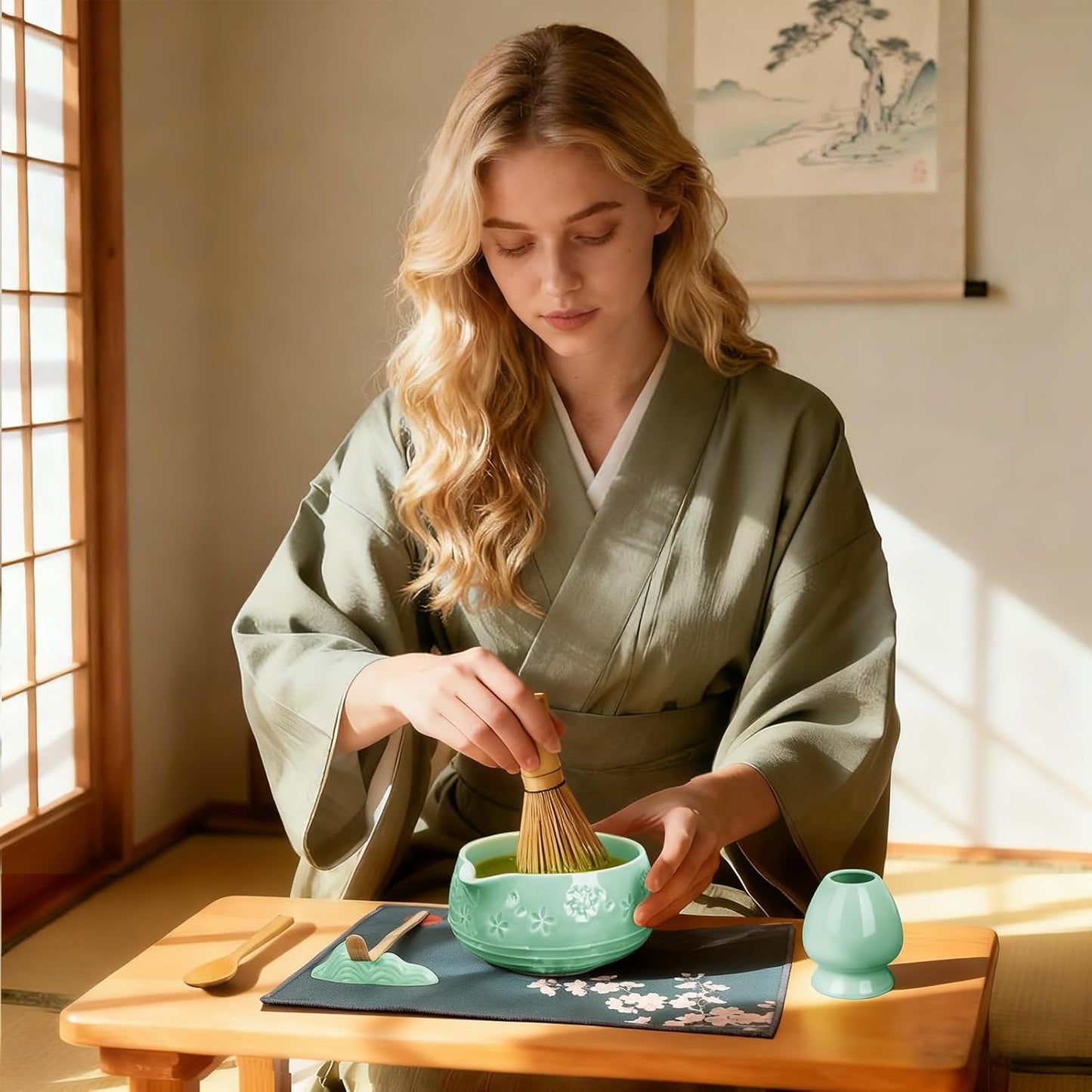 Matcha Whisk Set, Ceramic Bowl with Spout, Bamboo Matcha Whisk & Spoon, Chasen Holder, Scoop Rest, Sifter, 8-Pcs Japanese Matcha Powder Kit–Gift for Ceremony & Matcha Lovers-Mint