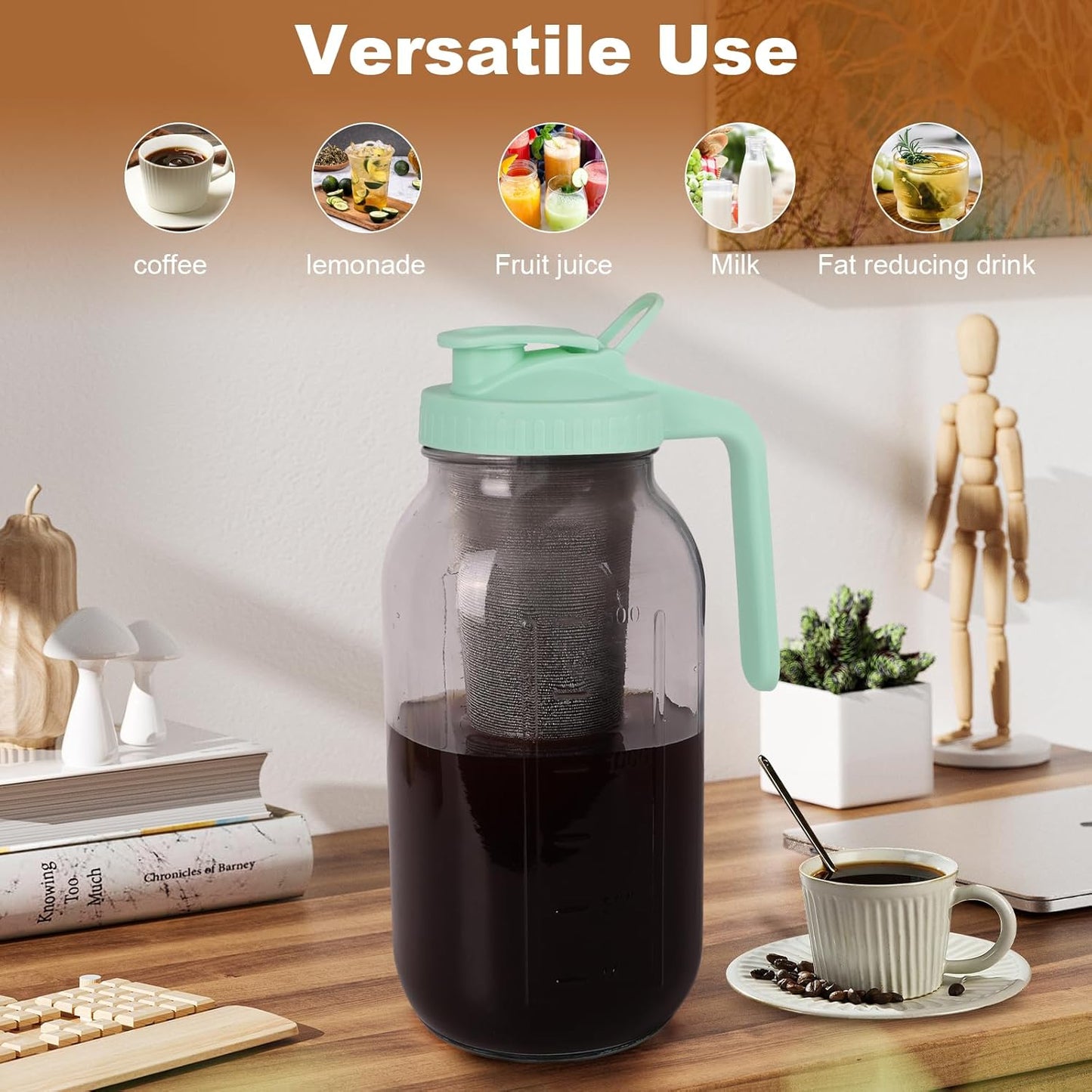 Cold Brew Coffee Maker,64 oz Wide Mouth Mason Jar Pitcher with Stainless Steel Filter, Pour Spout Handle Lid, Heavy Duty Glass Airtight & Leak-Proof for Iced Coffee Tea & Lemonade-Green