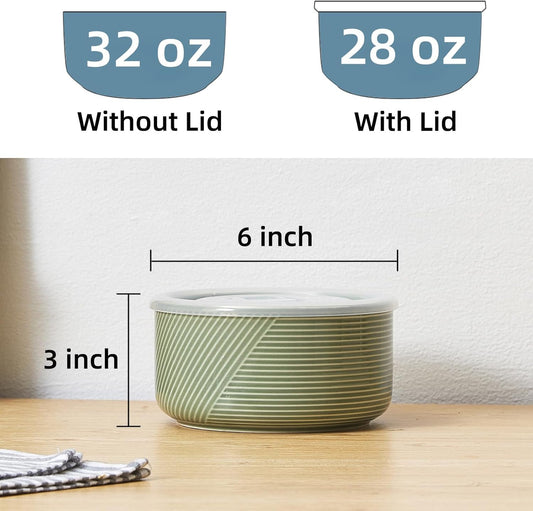 Large Ceramic Bowls with Lids: 32 oz Microwave Safe Food Storage Containers for Soup Salad Meal Prep Lunch Picnic Camping - 6 Inch, Set of 4 (Pea Green)