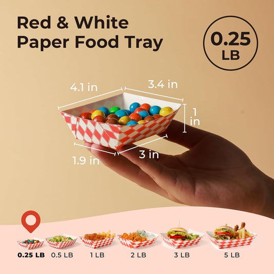 Fit Meal Prep [250 Pack 0.25 lb Paper Food Boats Heavy Duty Disposable Food Trays, Red Check Nacho Tray for Parties Fairs Picnics Carnivals, Holds Ketchup Cheese Sauce Pickles