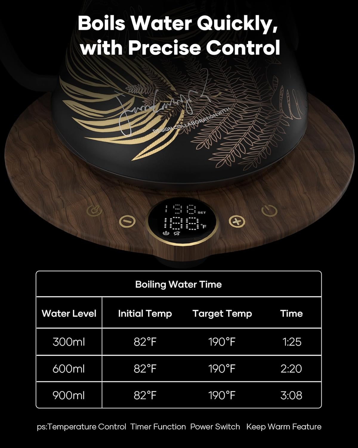 Cocinare FLOW B9 Gooseneck Electric Kettle, Precise Temperature Control for Pour-Over Coffee & Tea Brewing, Stainless Steel Interior, Rapid Heating for Boiling Water 0.9L (Rainforest)