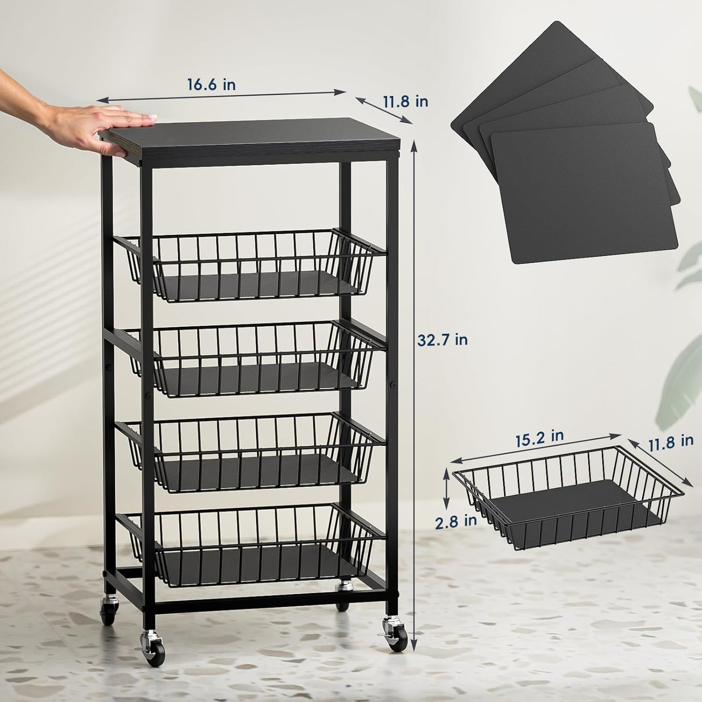 Snack Cart, 5-Tier Kitchen Carts on Wheels with Storage,Fruit Basket Stand with Pull-Out Baskets and Wood Top,Kitchen Organizer for Fruit Vegetable Snack (Black)