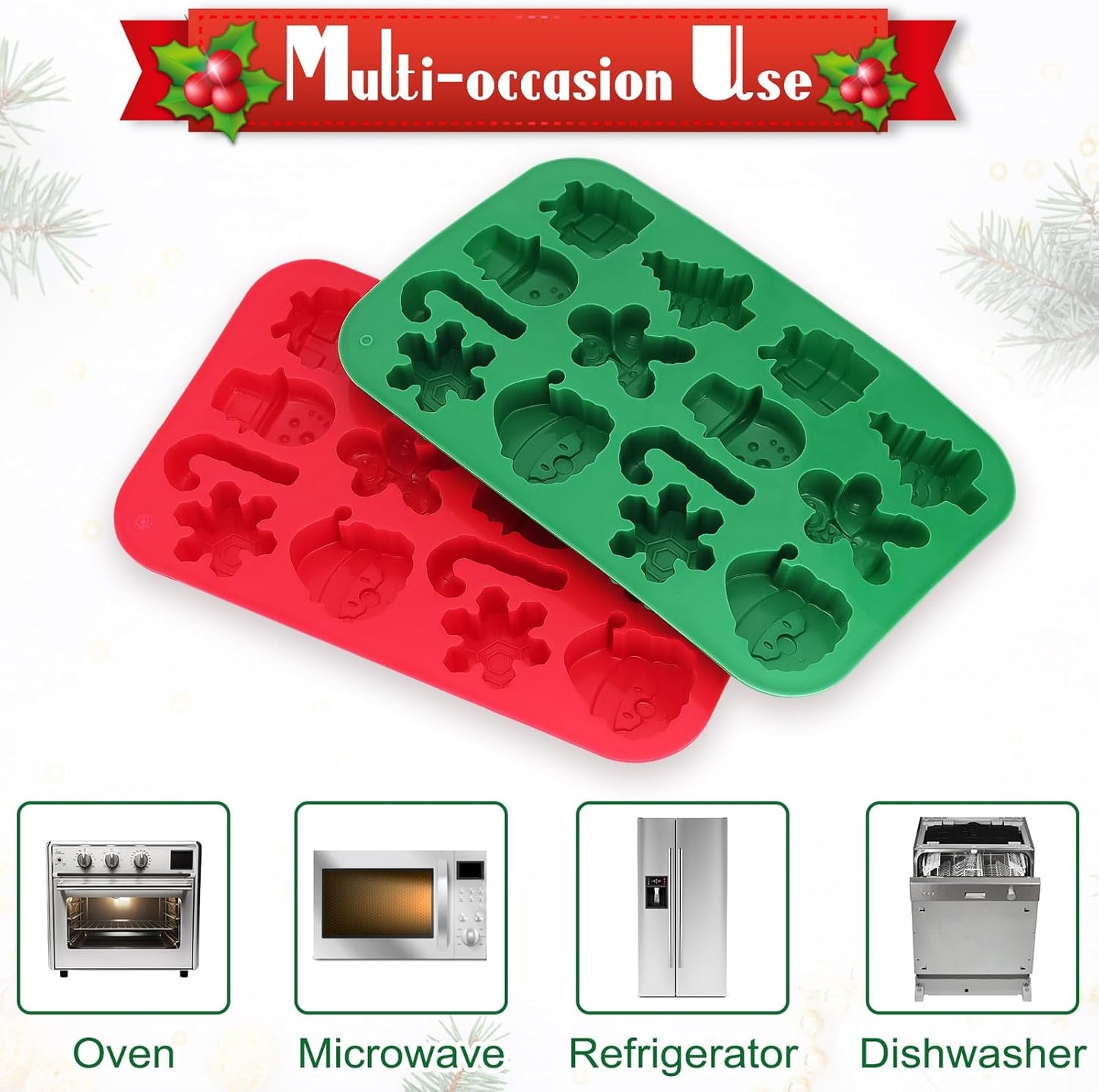 2 Pack Christmas Silicone Chocolate Molds, 3D Christmas Tree Snowflake Snowman Cane Molds, Xmas Non-stick Baking Mold for DIY Xmas Chocolate Candy Soap Biscuit Jelly Cake Ice Cube