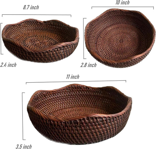 3 Pack Rattan Round Fruit Basket Food Storage Bowls Kitchen Organizer Snack Serving Bowl 9 10 11 Inch Wavy Edge Circle Tray Basket with 3” Deep Wall, Dark Brown Décor Display Tray Bowl 3-Size