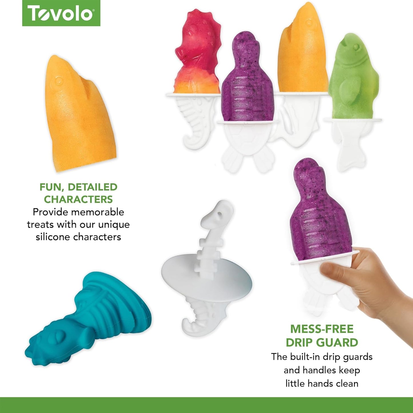 Tovolo Silicone Popsicle Molds with Sticks (Ocean Friends) - Ice Pop Molds with 4 Cavities for Homemade Flavored Ice Pops & Frozen Snacks - Popsicle Maker with Drip-Guards, Dishwasher Safe & BPA-Free