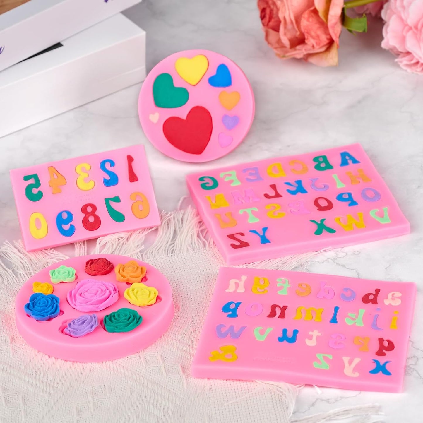 Silicone Letter Molds for Chocolate, 5 Pcs Number Alphabet Chocolate Molds Heart Fondant Molds for Candy Treat Strawberry Cupcake Cake Decoration Clay Resin Candle Making