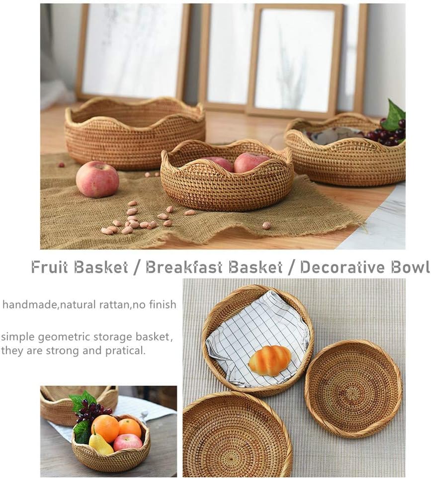Handmade Rattan Round Fruit Basket Food Storage Bowls Kitchen Organizer Snack Serving Bowl, 11 Inch Boho Wicker Bread Bowl Woven Basket Décor for Nuts with 3”Side and Wavy Edge (Large 11")
