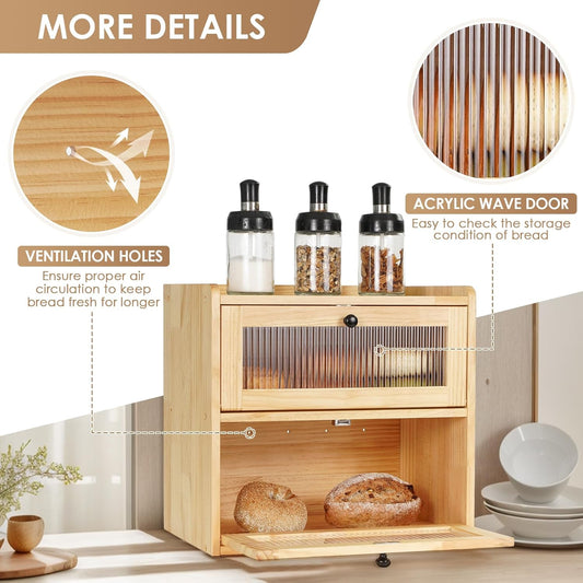 Sunhoo Bread Box for Kitchen Countertop Wooden Bread Storage Container Bin 2 Layer Breadbox Holder Large Capacity Keeper Vintage Farmhouse Food Organizer Pantry Shelf Acrylic Window(Wood color)