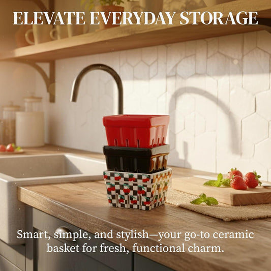 BIEN BEAU Ceramic Berry Basket -Checkered black and White with red Cherries pattern-Colander -Modern Kitchen Decor Fruit Bowls - Checkerboard Fruit Baskets, Farmer's Market Harvest Bowls Set of 4